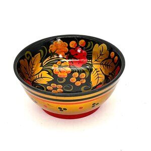 Vintage Russian Khokhloma Hand Turned & Painted Decorative Wooden Bowl Dish